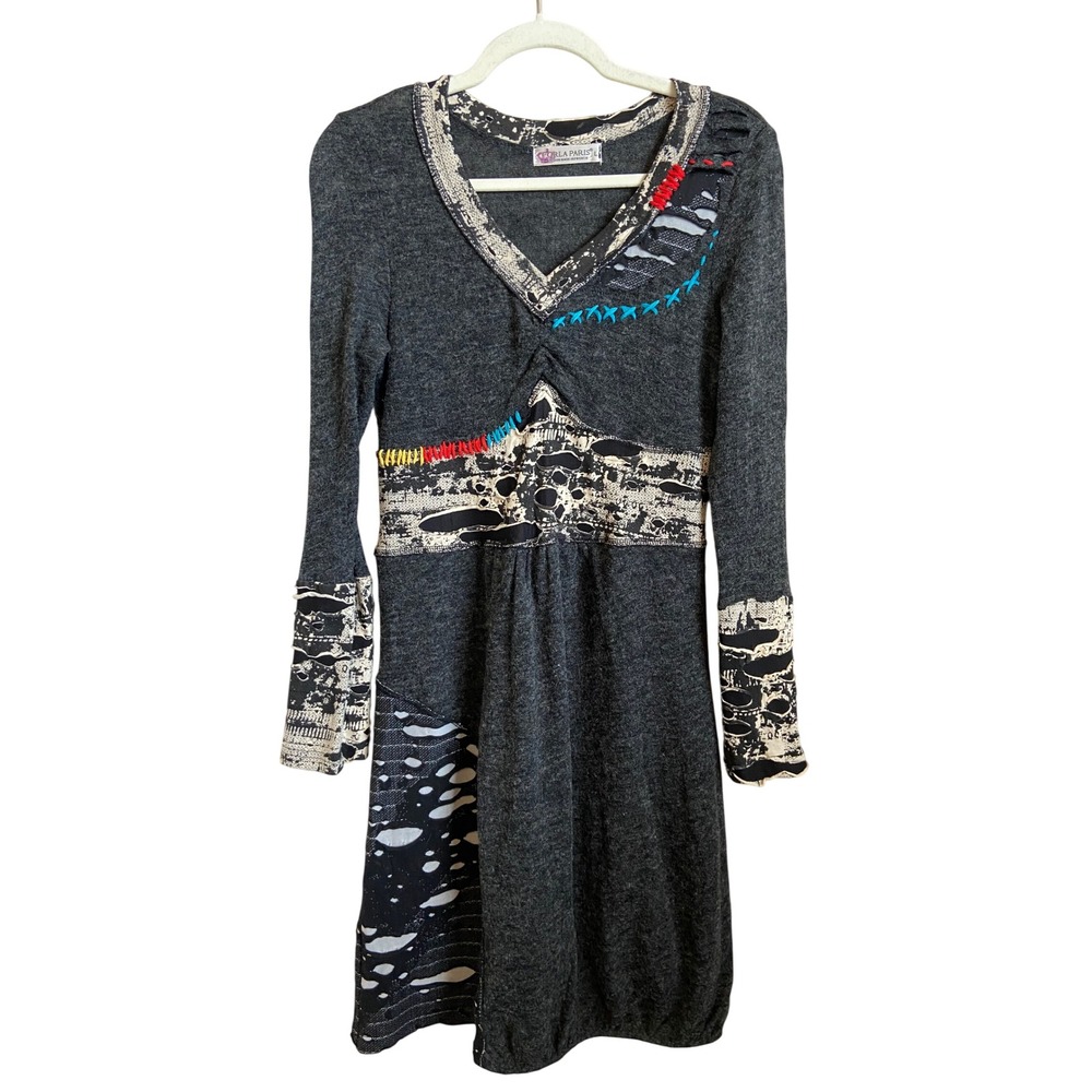 Forla Paris French Design Patchwork Sweater Dress Grey Mixed Media Embroidered L